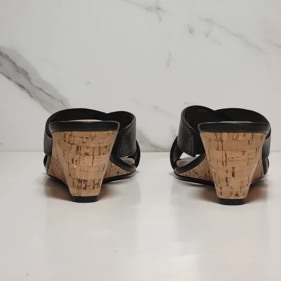 CHARLES DAVID Cork Wedge Black leather Cris Cross open toe Slip-on mules 7.5