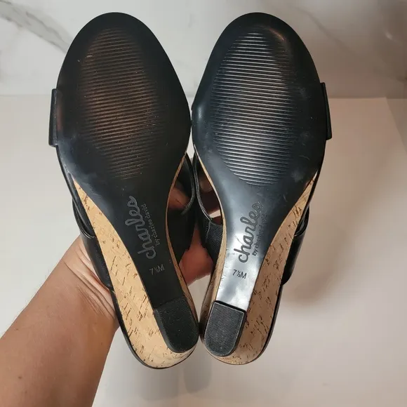 CHARLES DAVID Cork Wedge Black leather Cris Cross open toe Slip-on mules 7.5