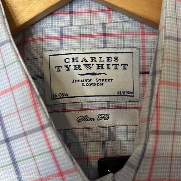 Charles Tyrwhitt Men’s Dress Shirt Slim Fit 16|35 Large Blue &amp; Red Plaid Pattern