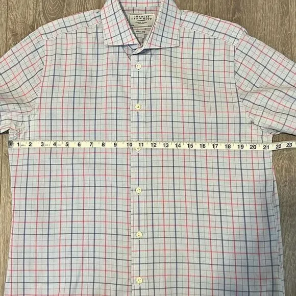 Charles Tyrwhitt Men’s Dress Shirt Slim Fit 16|35 Large Blue &amp; Red Plaid Pattern