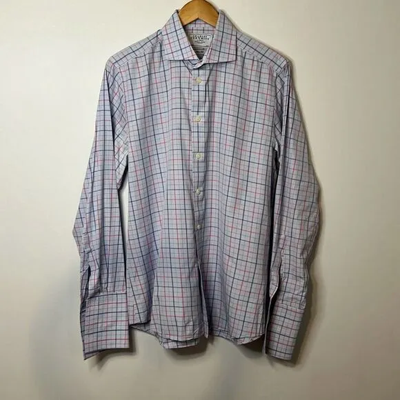 Charles Tyrwhitt Men’s Dress Shirt Slim Fit 16|35 Large Blue &amp; Red Plaid Pattern