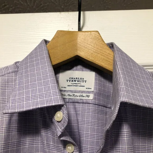 Charles Tyrwhitt men's lavender cotton dress shirt extra slim fit size: 16.5-33