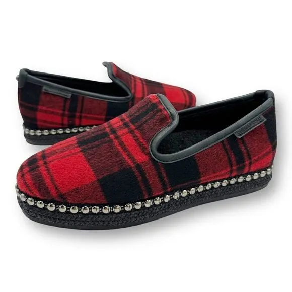 Chelsea &amp; Violet Conie Red Plaid Faux Shearling Espadrille Loafer Slipper 7M