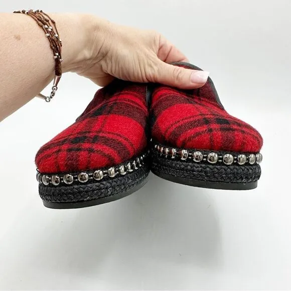 Chelsea &amp; Violet Conie Red Plaid Faux Shearling Espadrille Loafer Slipper 7M