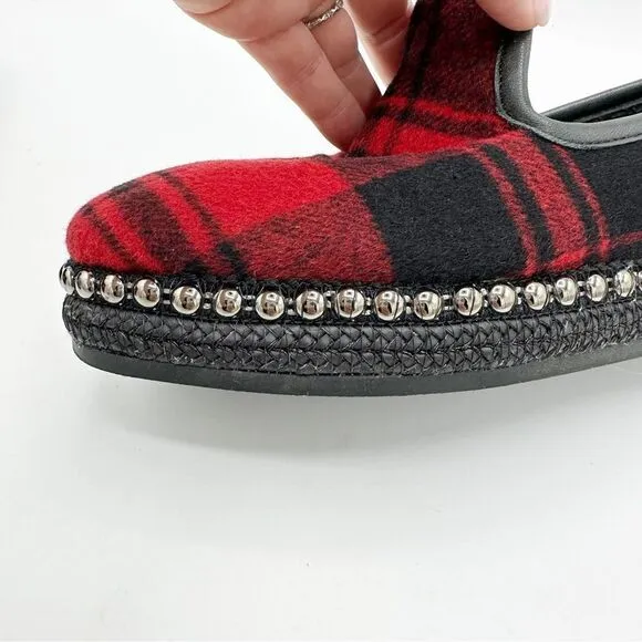 Chelsea &amp; Violet Conie Red Plaid Faux Shearling Espadrille Loafer Slipper 7M