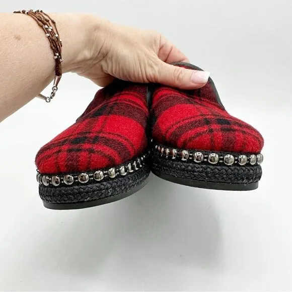 Chelsea &amp; Violet Conie Red Plaid Faux Shearling Espadrille Loafer Slipper 7M