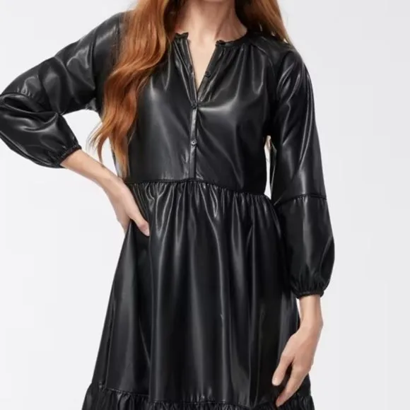 CHICO’S FAUX LEATHER MIDI TIERED DRESS WITH SLEEVES