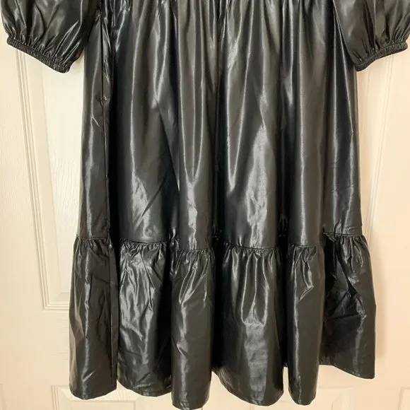 CHICO’S FAUX LEATHER MIDI TIERED DRESS WITH SLEEVES