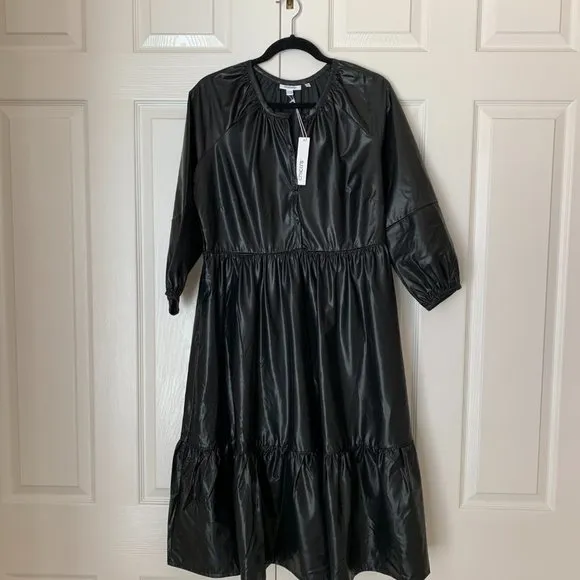 CHICO’S FAUX LEATHER MIDI TIERED DRESS WITH SLEEVES