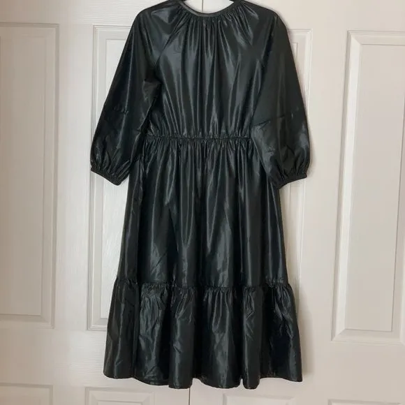 CHICO’S FAUX LEATHER MIDI TIERED DRESS WITH SLEEVES