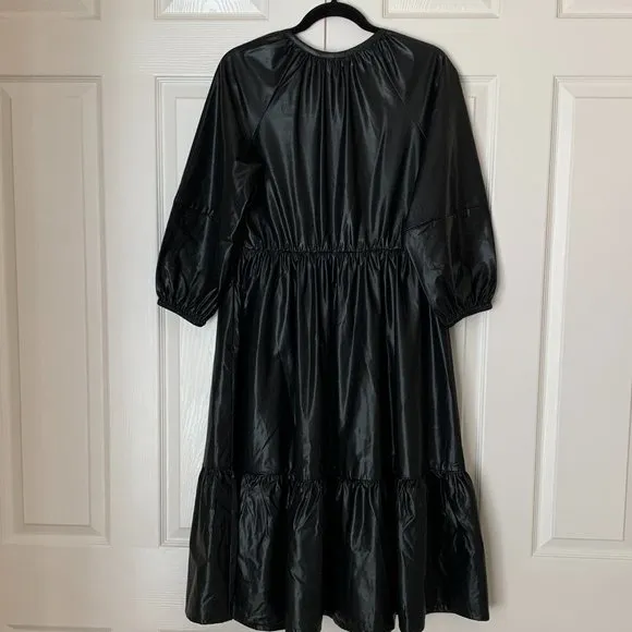 CHICO’S FAUX LEATHER MIDI TIERED DRESS WITH SLEEVES