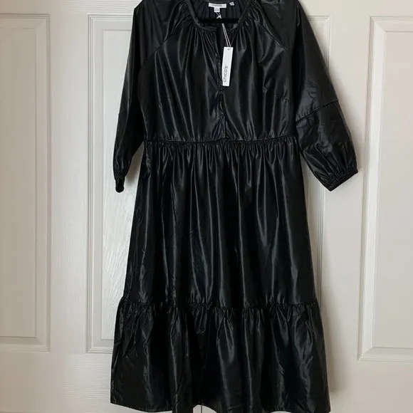 CHICO’S FAUX LEATHER MIDI TIERED DRESS WITH SLEEVES