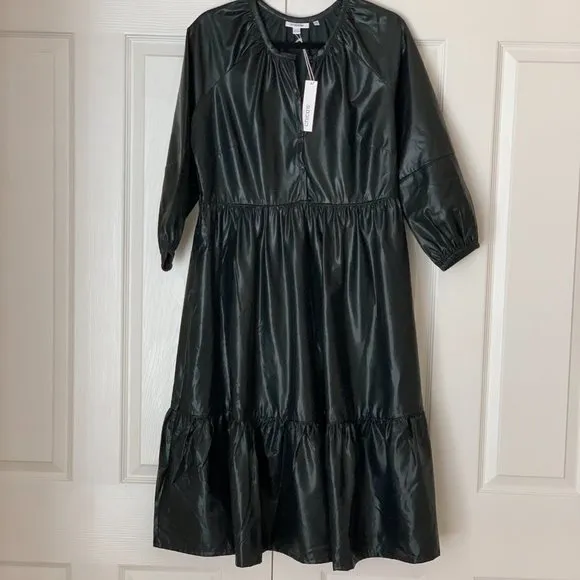 CHICO’S FAUX LEATHER MIDI TIERED DRESS WITH SLEEVES