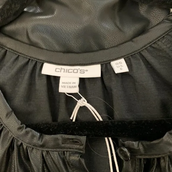 CHICO’S FAUX LEATHER MIDI TIERED DRESS WITH SLEEVES