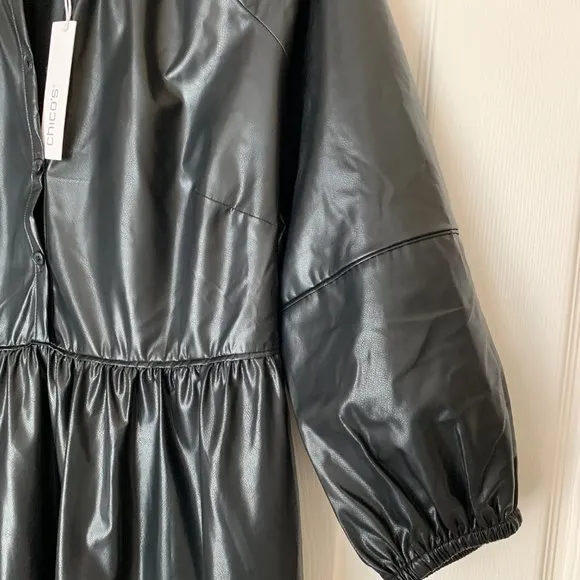 CHICO’S FAUX LEATHER MIDI TIERED DRESS WITH SLEEVES