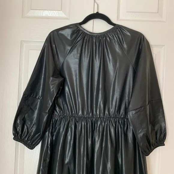 CHICO’S FAUX LEATHER MIDI TIERED DRESS WITH SLEEVES