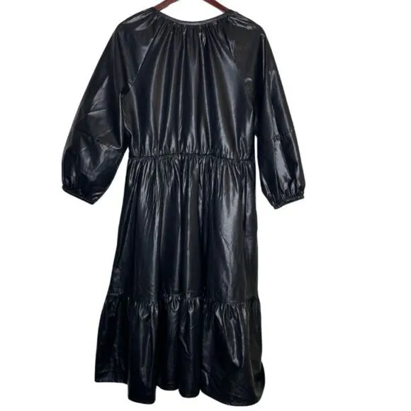 Chico's Pleather Tiered Midi Dress Black Size 14 New