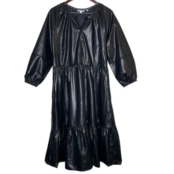 Chico's Pleather Tiered Midi Dress Black Size 14 New