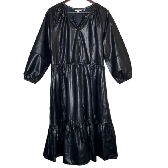 Chico's Pleather Tiered Midi Dress Black Size 14 New