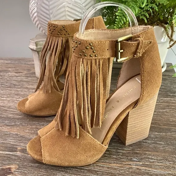 Chinese Laundry Boho Fringe Bootie Peep Toe Block High Heels Shoe Women’s 6