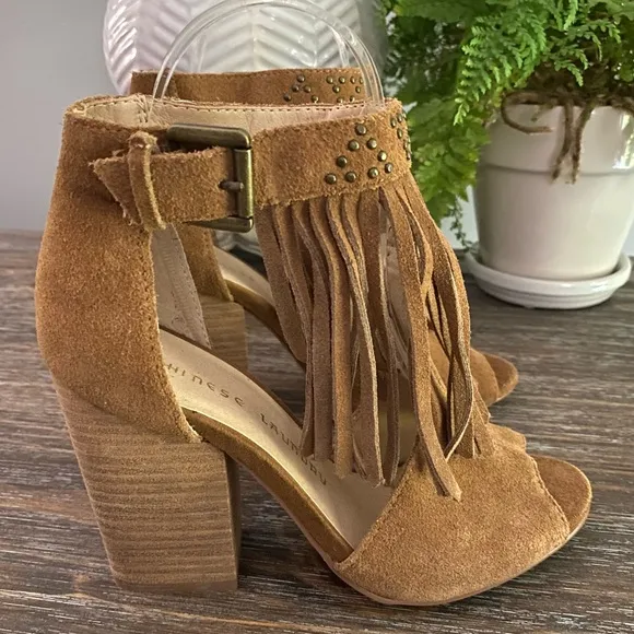 Chinese Laundry Boho Fringe Bootie Peep Toe Block High Heels Shoe Women’s 6