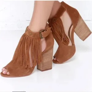 Chinese Laundry Boho Fringe Bootie Peep Toe Block High Heels Shoe Women’s 6