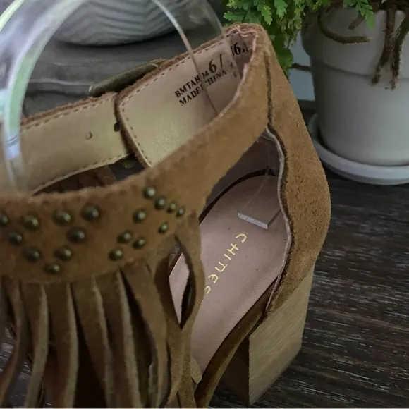 Chinese Laundry Boho Fringe Bootie Peep Toe Block High Heels Shoe Women’s 6