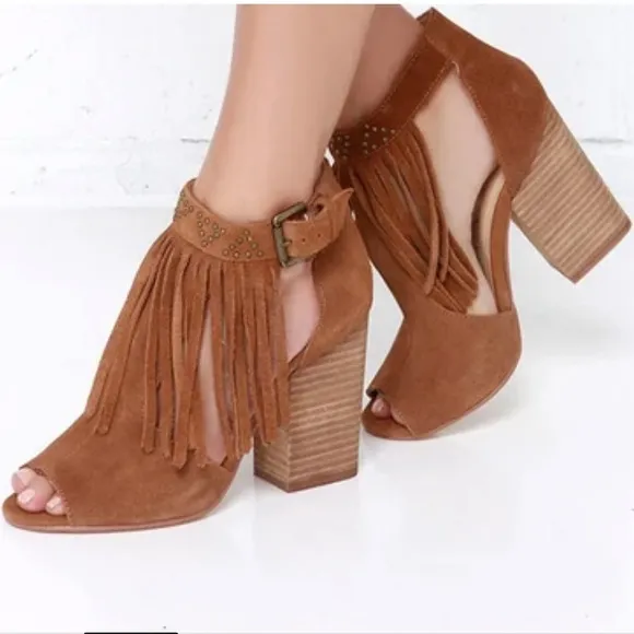 Chinese Laundry Boho Fringe Bootie Peep Toe Block High Heels Shoe Women’s 6