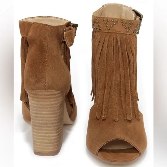 Chinese Laundry Boho Fringe Bootie Peep Toe Block High Heels Shoe Women’s 6