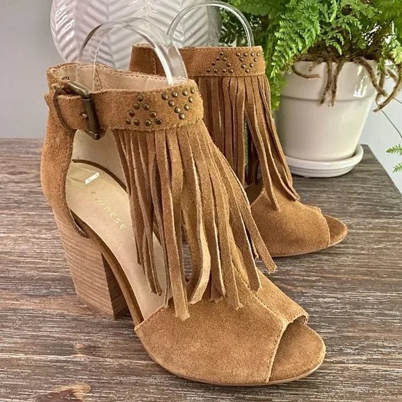 Chinese Laundry Boho Fringe Bootie Peep Toe Block High Heels Shoe Women’s 6