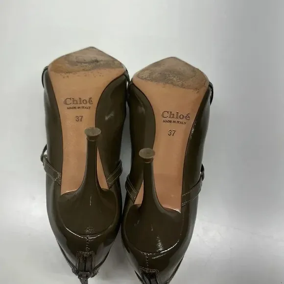 Chloe Ankle Heeled Boots Booties Boot Patent Leather Olive Green Size EU 37 US 7