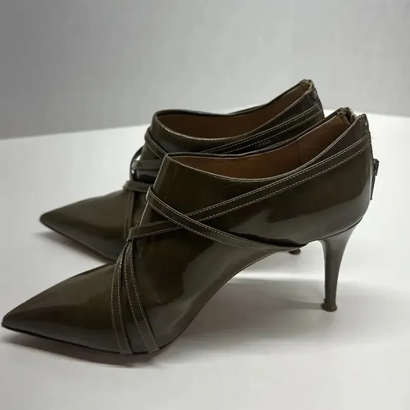 Chloe Ankle Heeled Boots Booties Boot Patent Leather Olive Green Size EU 37 US 7