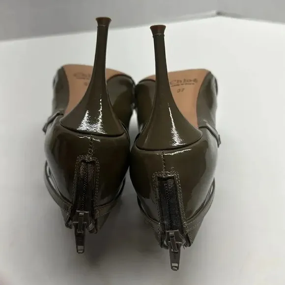 Chloe Ankle Heeled Boots Booties Boot Patent Leather Olive Green Size EU 37 US 7