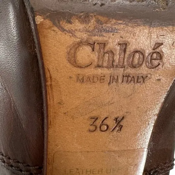 CHLOE Brown Leather Lace Up Oxford Heels Size 36.5 Granny Booties Steampunk