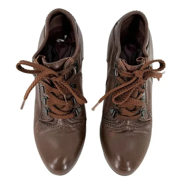 CHLOE Brown Leather Lace Up Oxford Heels Size 36.5 Granny Booties Steampunk