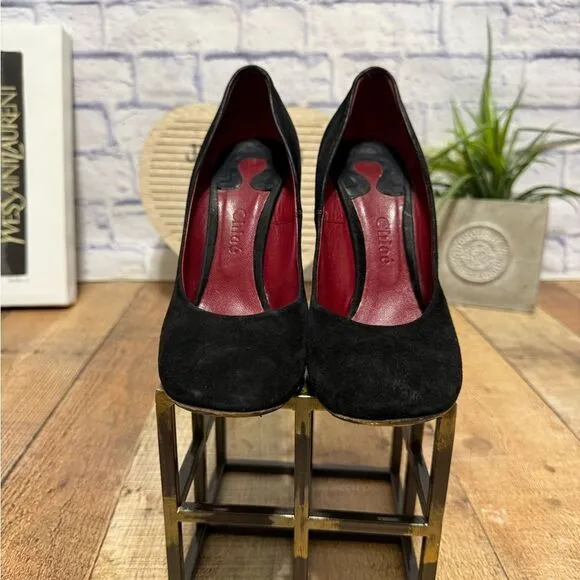 CHLOE Black Suede Block Chunky Heel Pump Shoes Round Toe Size Euro 39.5 US 9.5