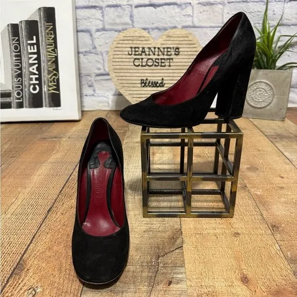 CHLOE Black Suede Block Chunky Heel Pump Shoes Round Toe Size Euro 39.5 US 9.5