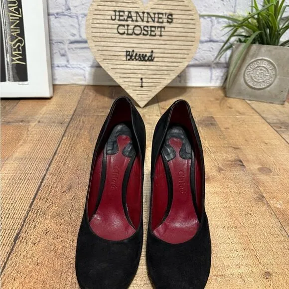 CHLOE Black Suede Block Chunky Heel Pump Shoes Round Toe Size Euro 39.5 US 9.5