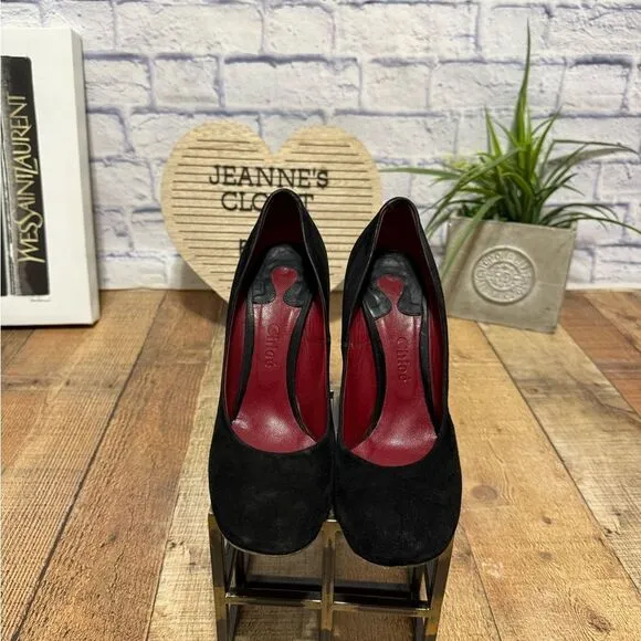 CHLOE Black Suede Block Chunky Heel Pump Shoes Round Toe Size Euro 39.5 US 9.5