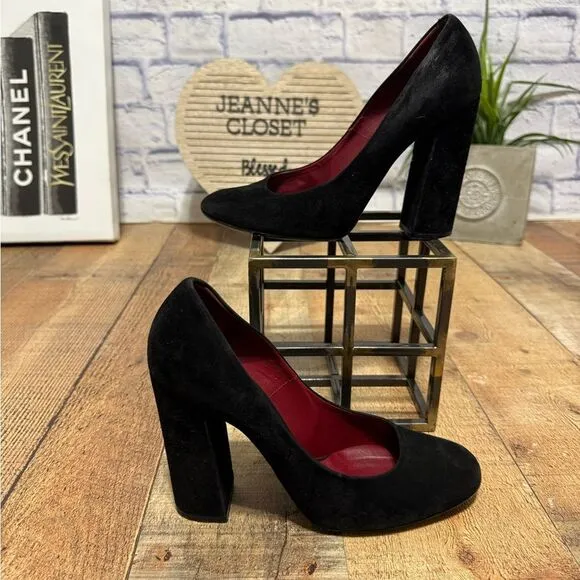 CHLOE Black Suede Block Chunky Heel Pump Shoes Round Toe Size Euro 39.5 US 9.5
