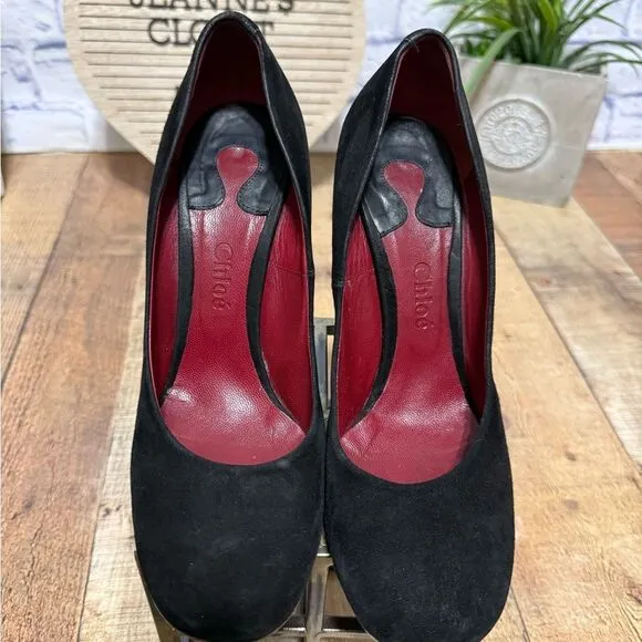 CHLOE Black Suede Block Chunky Heel Pump Shoes Round Toe Size Euro 39.5 US 9.5