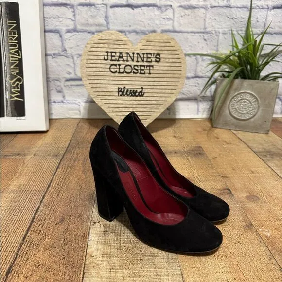 CHLOE Black Suede Block Chunky Heel Pump Shoes Round Toe Size Euro 39.5 US 9.5