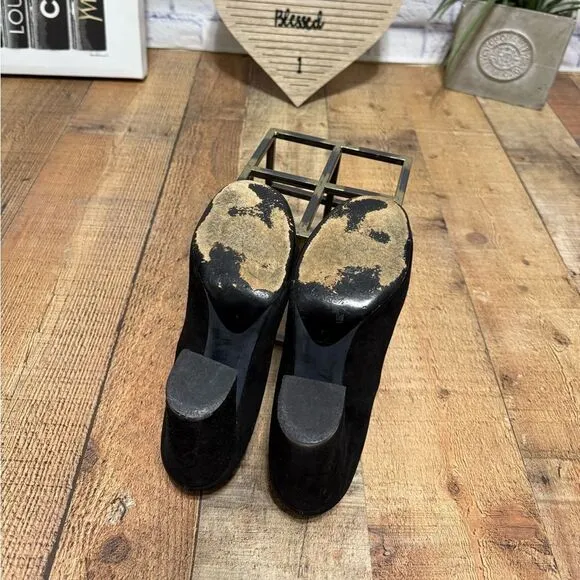 CHLOE Black Suede Block Chunky Heel Pump Shoes Round Toe Size Euro 39.5 US 9.5