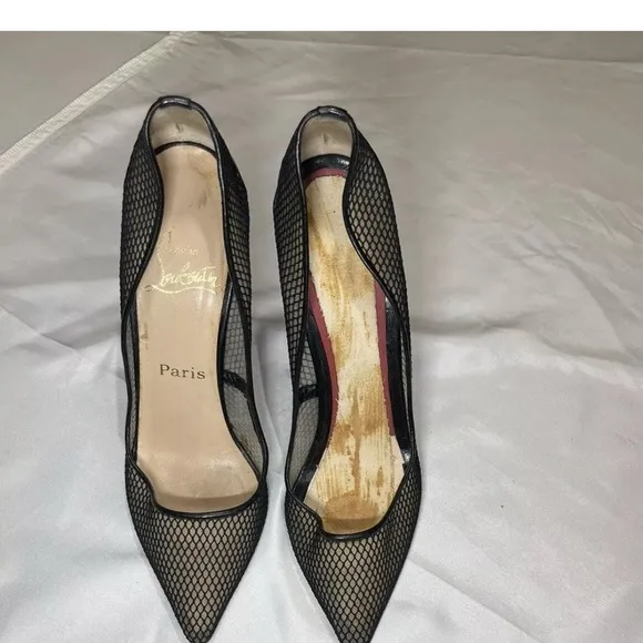 CHRISTIAN LOUBOUTIN  Black Mesh &amp; Leather, 4.5” Heels 38 Eur, 8 USA, SLIM Feet A