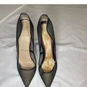 CHRISTIAN LOUBOUTIN  Black Mesh &amp; Leather, 4.5” Heels 38 Eur, 8 USA, SLIM Feet A