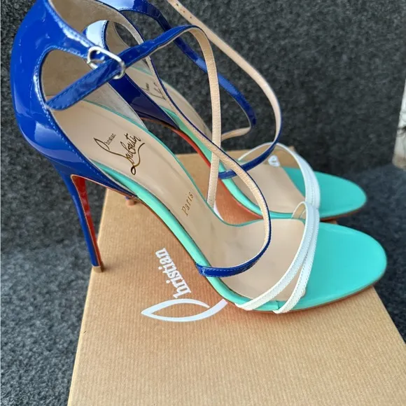 Christian Louboutin Women's Blue and White Sandals Gwynitta 100  Gomme/Patent
