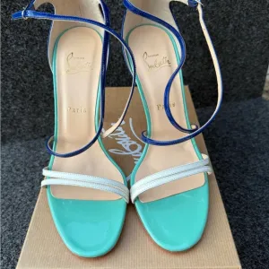 Christian Louboutin Women's Blue and White Sandals Gwynitta 100  Gomme/Patent