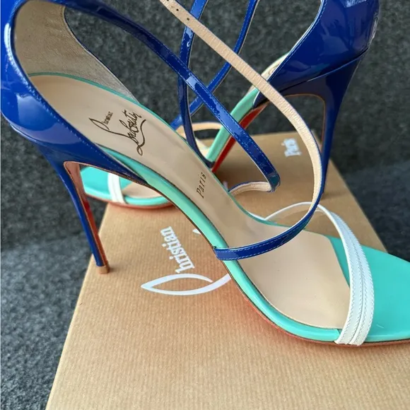 Christian Louboutin Women's Blue and White Sandals Gwynitta 100  Gomme/Patent