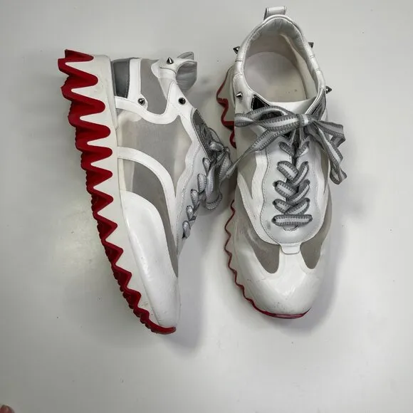 Christian Louboutin Womens White &amp; Red Mesh Sharkina Patent Lace Up Sneaker 38