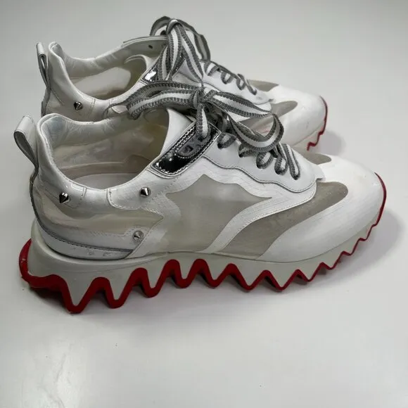 Christian Louboutin Womens White &amp; Red Mesh Sharkina Patent Lace Up Sneaker 38